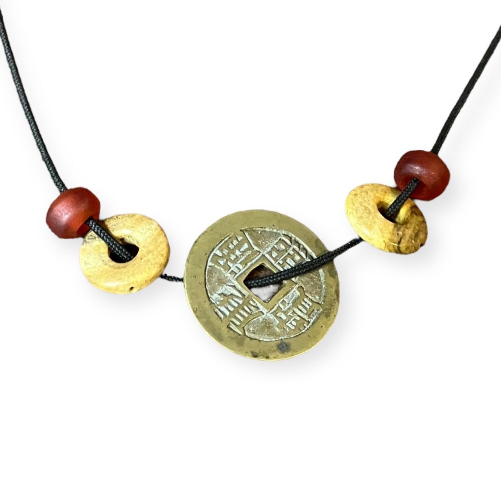 Handcrafted Asian Feng Shui Lucky Coin Necklace with Wooden Beads Boho Style